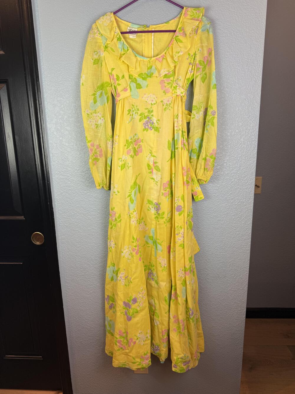 Vintage Yours San Francisco Dress Womens 9 XS Floral Maxi Ruffle Union Made 70s